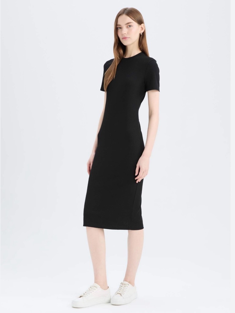 Michael Stars True Black Form Fitting Short Sleeve Midi Dress Size Xs